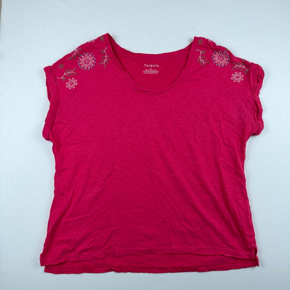 Talbots Pink Slub Cotton Floral Embroidered V-Neck Short Sleeve Tee XL